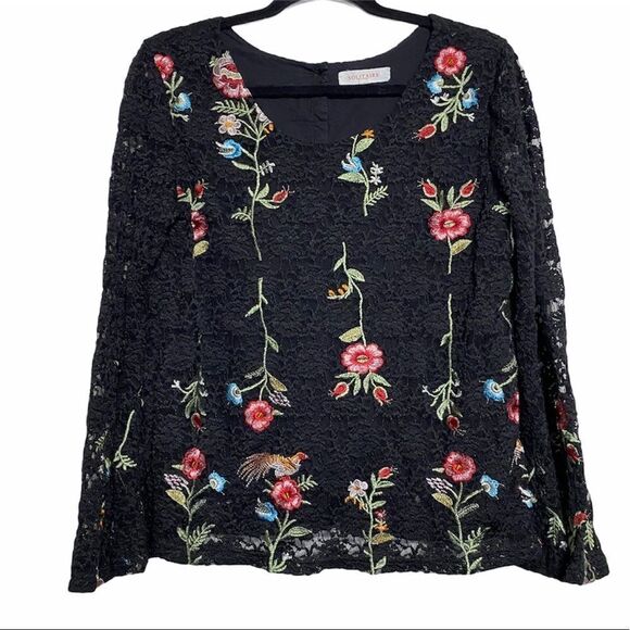 Solitaire Tops - Solitaire Black Floral Embroidery Lace Bell Sleeve